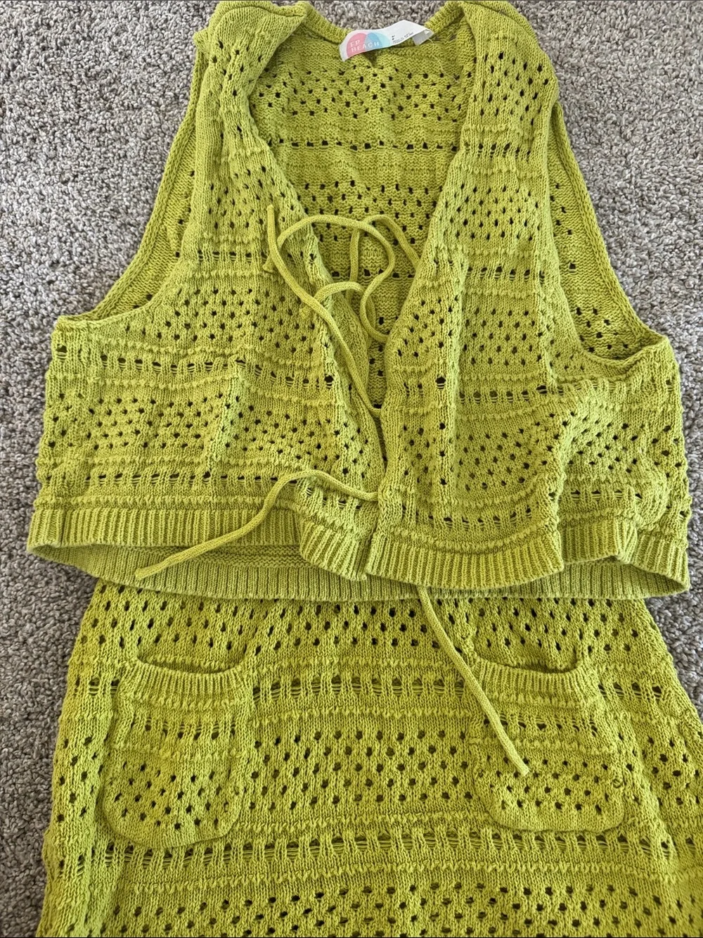 Free People Beach Crochet Knit Lime Green Two-Piece Vest & Skirt Set